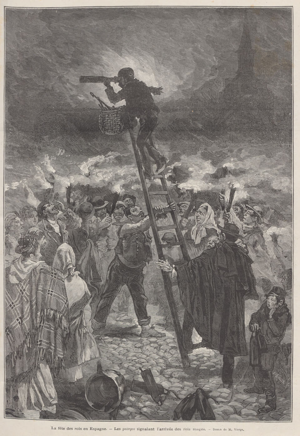 A wood engraving of a Spanish Epiphany night, captioned in French as the gallegos signalling the arrival of the Three Kings. A man in a dark jacket stands at the top of a long ladder propped against nothing in the middle of a cobbled street, a basket hooked over the rungs beside him, holding a telescope to one eye and pointing out across the rooftops with his free hand. A crowd presses round the foot of the ladder looking up where he points, several of them holding burning torches that throw smoke across the sky; one man braces the ladder with both hands. Women in fringed shawls stand at the left, a boy at the right has turned to look at the viewer, and a church spire rises behind the smoke. A pot and a pair of bellows lie abandoned on the cobbles in the foreground.