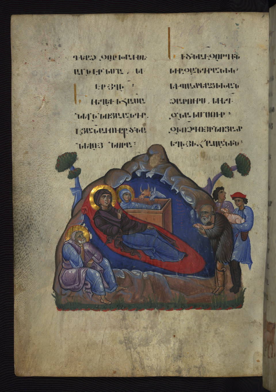 A page of a thirteenth-century Armenian gospel book: two columns of angular Armenian script above, and beneath them a painted Nativity. The Virgin in a dark robe reclines on a red mantle inside a blue cave, the swaddled Child lies in a wooden manger watched by the ox and the ass, Joseph sits thinking at the lower left with a gold halo, and at the right two shepherds approach, one in a fleece and one in a red cap carrying a lamb.