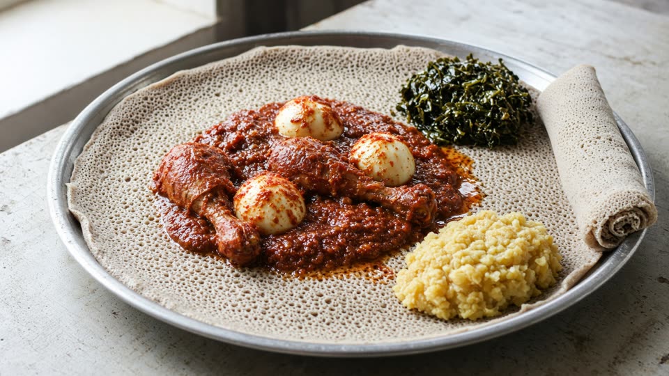 A wide round sheet of injera laid over a shallow metal tray, serving as the plate itself, photographed from above and slightly to one side on a pale scrubbed table by a window. The bread is greyish-fawn and covered in a fine honeycomb of holes, its edge rippling over the rim of the tray. Heaped across the middle is a thick dark red-brown stew, glossy and coarse-textured, with clear orange oil pooling at its edges. Three chicken drumsticks lie in it with the bone ends exposed and the meat stained red through, and three whole peeled eggs sit half-submerged, their white surfaces dusted and streaked with red spice. A mound of finely chopped dark green cooked greens sits on the bread at the upper right and a mound of pale yellow split peas at the lower right. A second injera is rolled into a tight cylinder at the right-hand edge of the tray. There is no bowl under the stew, no cutlery, and nobody in the picture.