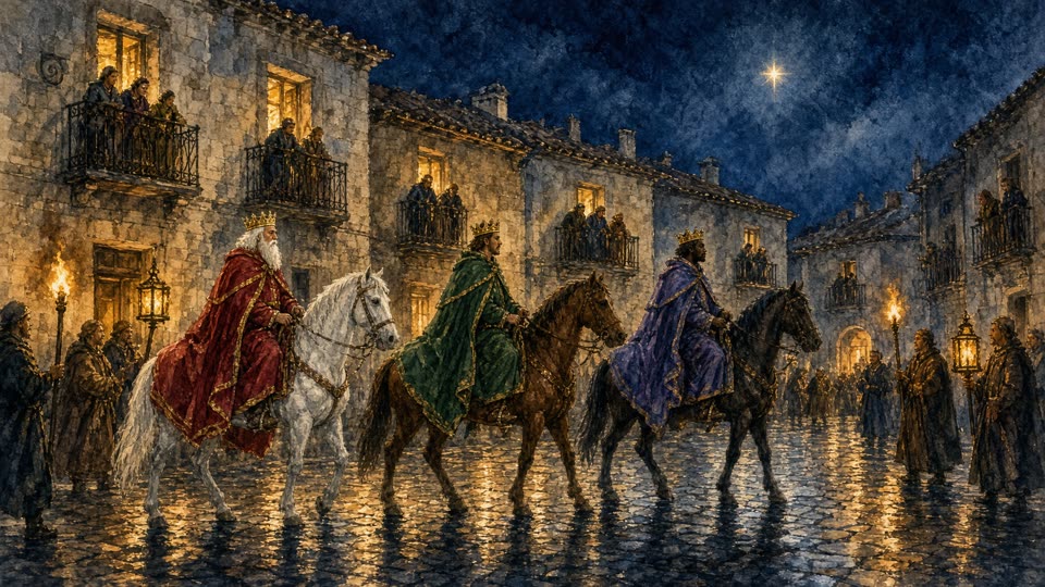 A watercolour of the Three Kings riding into a Spanish town at night. Three crowned figures cross the picture on horseback: an old king with a long white beard in crimson on a white horse, a middle-aged king in deep green on a chestnut horse, and a Black king in blue-violet on a dark horse, all three in heavy robes with gold at the hems. Attendants in brown cloaks walk alongside carrying lanterns on tall poles, and torches burn in brackets on the walls. The street is of pale stone houses with iron balconies, and people lean over the railings and stand at lit windows to watch them pass. The cobbles are wet and throw the gold light back up. Above the roofs the sky is deep blue-black, with one bright star standing over the street.