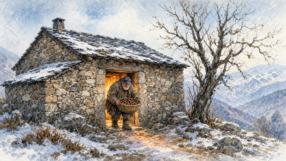 A watercolour of a bearded man stepping out of the doorway of a stone mountain farmhouse with a basket of chestnuts, the Galician Apalpador. He wears a dark cap and rough brown working clothes, and he is stooped under the low timber lintel, holding a wide shallow basket of chestnuts in both hands in front of him. The doorway behind him glows warm orange from a fire inside, the only warm light in the picture. The house is drystone with a slate roof under a scatter of snow and a squat chimney, and snow lies over the rough ground and the rocks in front of it. A bare chestnut tree stands to the right and blue mountain ridges recede behind. Nobody else is in the picture.