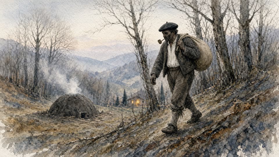 A watercolour of a charcoal burner walking down a bare hillside at dusk, the Basque Olentzero. He is lean and weathered rather than stout, in a black beret with a clay pipe clenched in his teeth, a white collarless shirt open at the neck under a worn grey jacket, trousers tied below the knee and heavy boots, a bulging pale sack slung over his right shoulder. He is coming down a stony path that runs diagonally across the picture. Behind him on the left a domed charcoal-burner's kiln sits in a clearing with smoke drifting up from it through the trees, and in the middle distance a small farmhouse shows one lit golden window. Bare birch trunks, misty blue ridges behind, cold pale winter light.